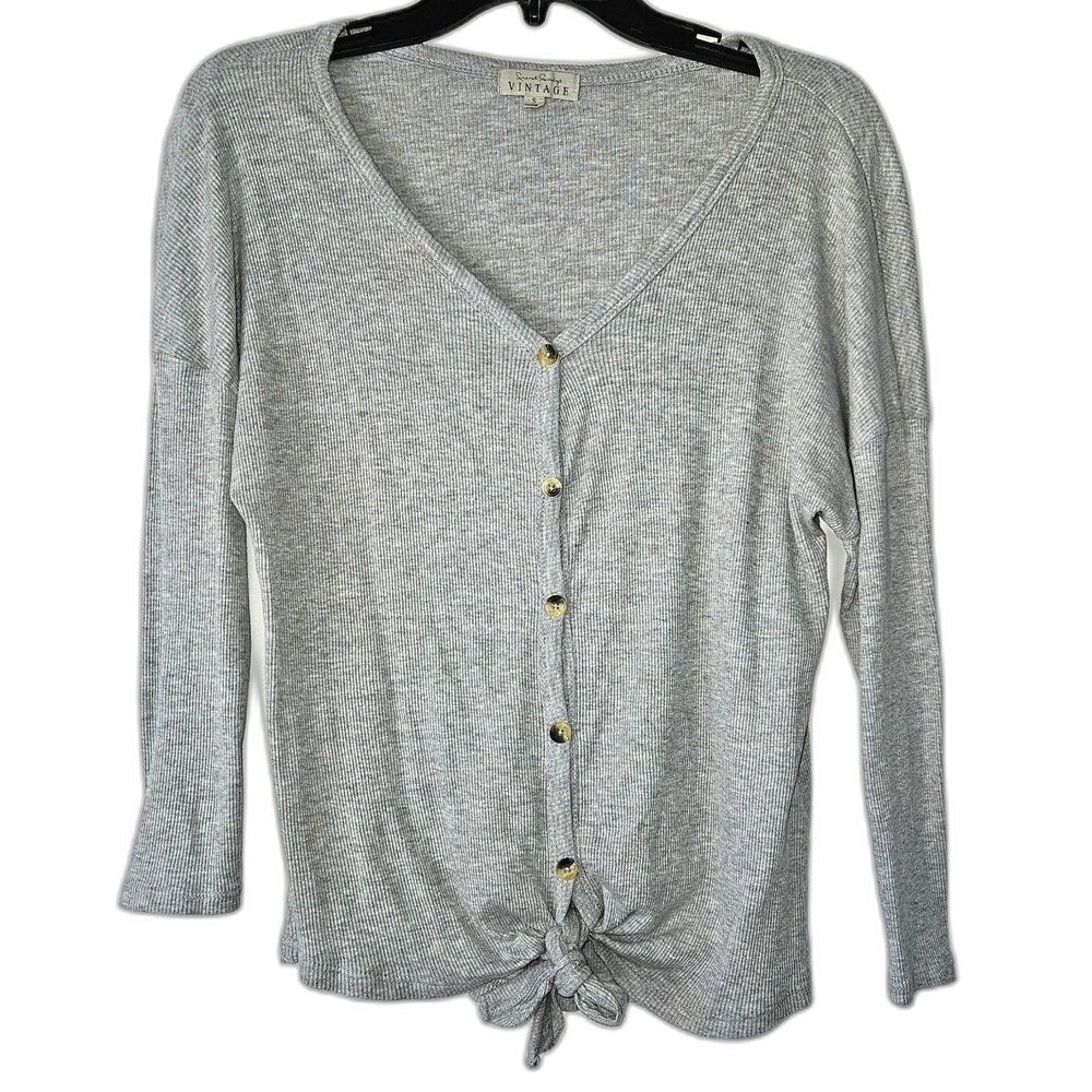FRENCH LAUNDRY Vintage Ribbed Knit Front Tie Long Sleeve Top Small